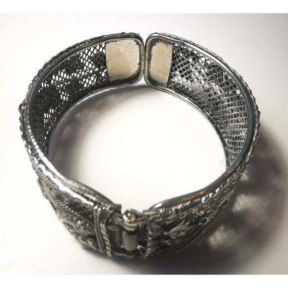 Asian Dragon Cuff Bracelet Vintage Intricate - Silver Tone Mesh Statement Piece - Picture 8 of 9